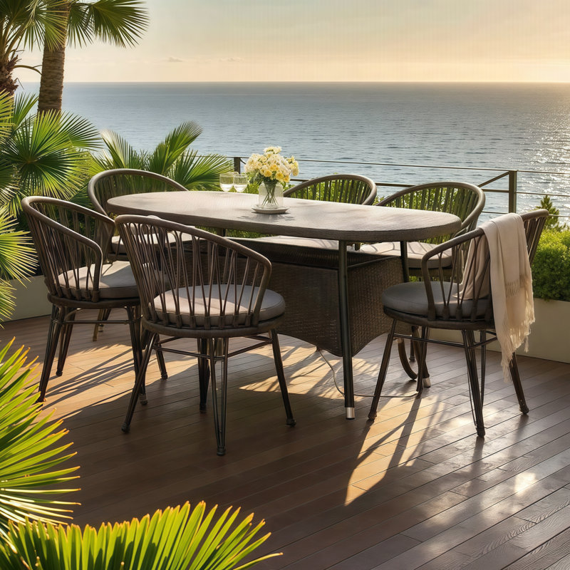 Ensemble repas 7 pièces Boho-Industrial avec table et chaises en rotin | Mobilier de patio 6 places pour terrasses couvertes, osier PE imperméable, assemblage rapide