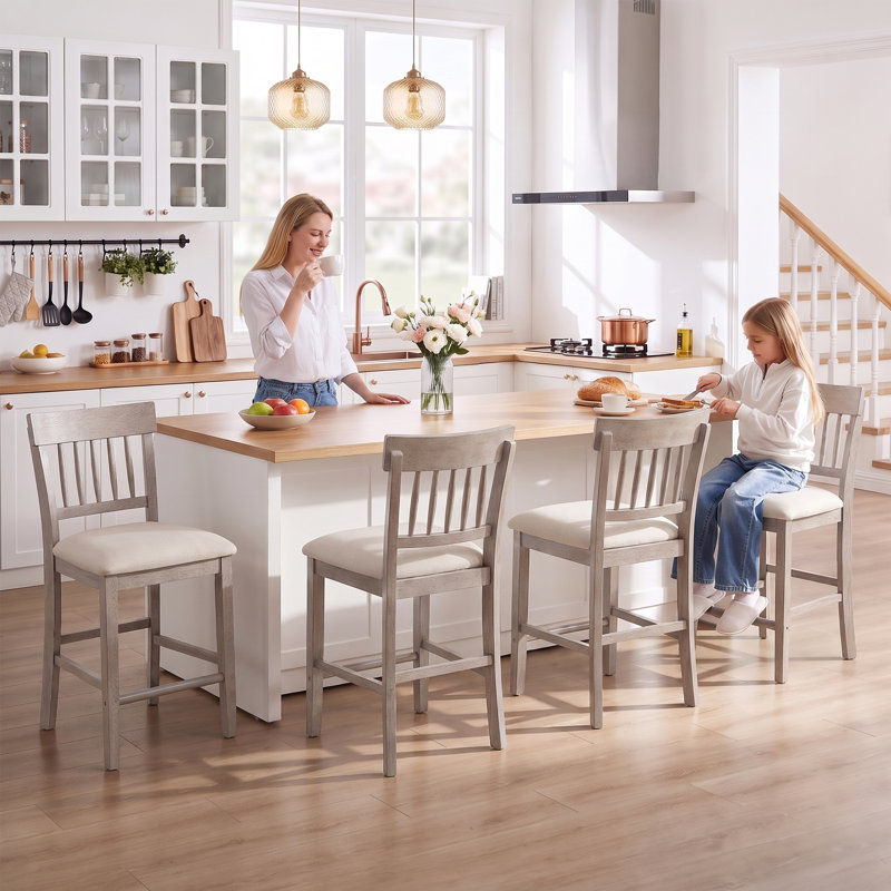 Upholstered Counter Stool with Solid Wood Frame, Taupe