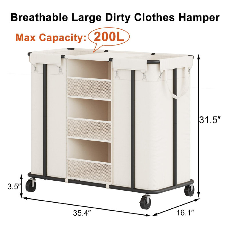 Large Rolling Laundry Hamper 2 Section, Beige