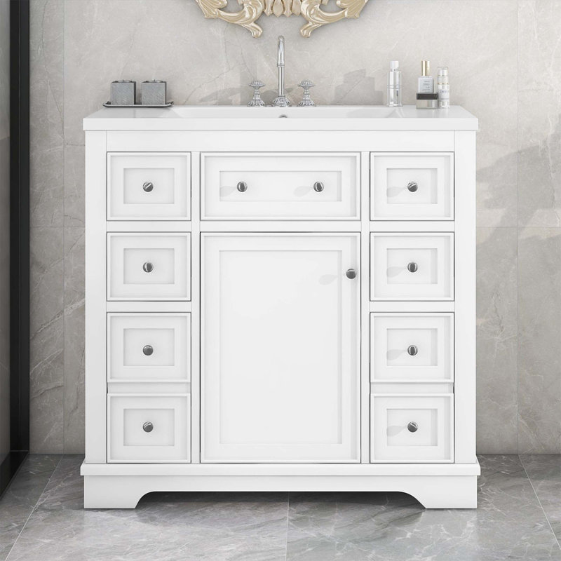 Rangement pour salle de bain en panneau de fibres à densité moyenne et céramique, Blanc