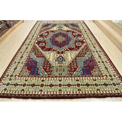 Tapis rouge / vert en laine noué à la main de conception unique 10 pi 2 po x 14 pi 2 po Gaelen
