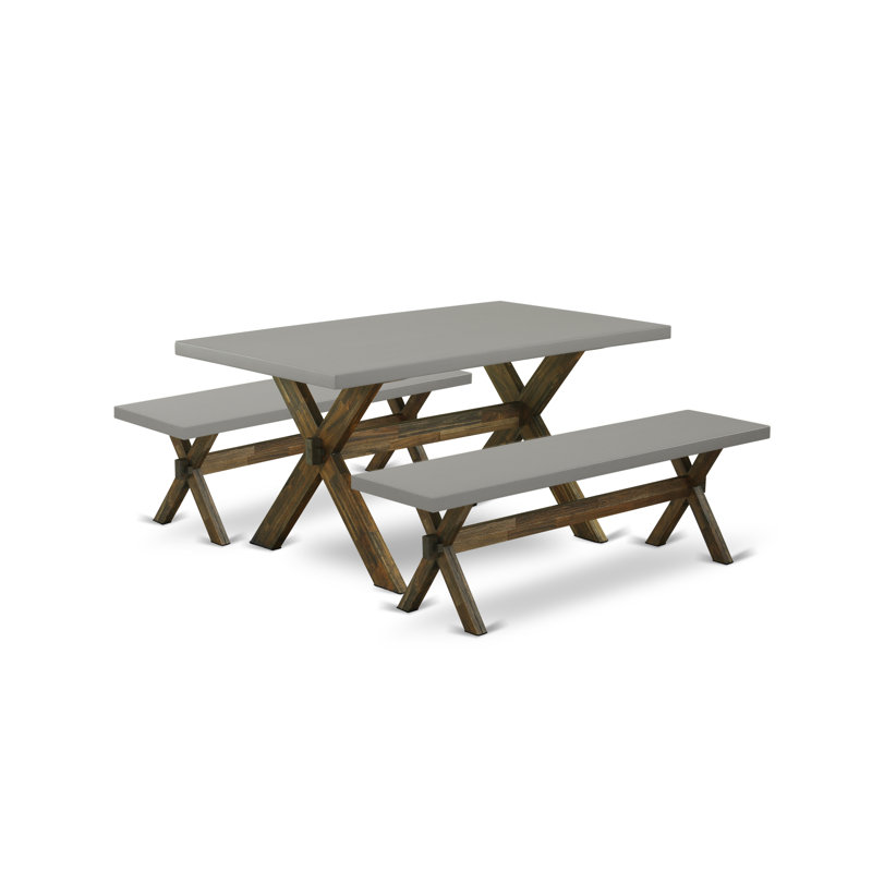L'ensemble de meubles de salle à manger 3 pièces comprend une table de cuisine rectangulaire avec pieds en X et 2 bancs de table, finition jacobine patinée