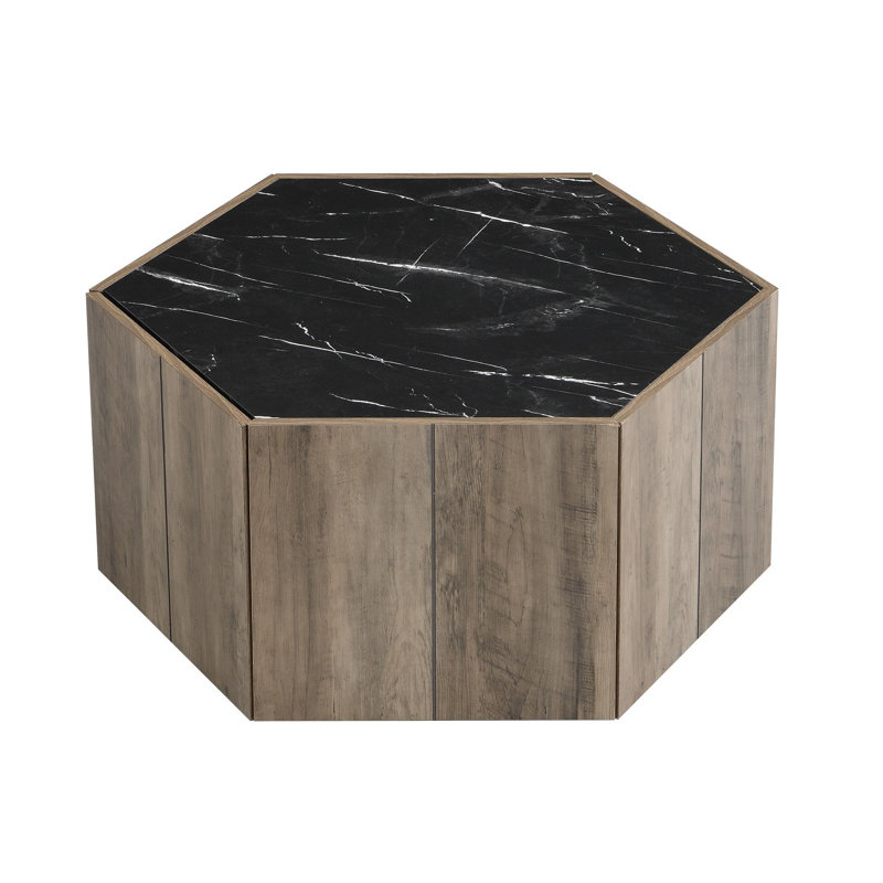 Table basse hexagonale rustique rétro en bois, avec 2 tiroirs cachés, dessus en marbre texturé, parfaite pour les intérieurs rétro