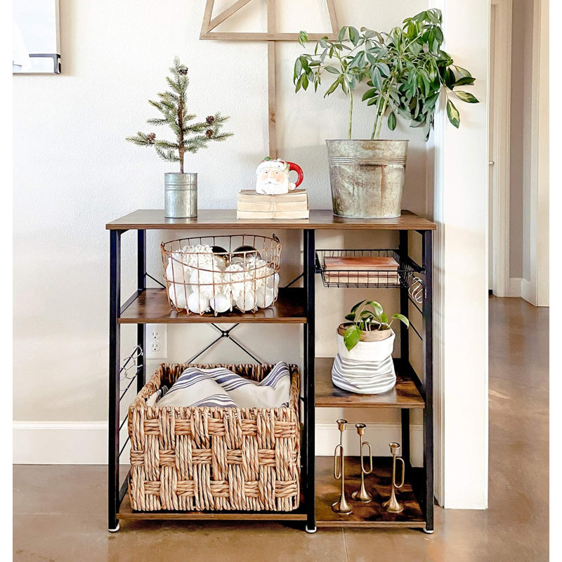 Rustic Brown Steel Frame Kitchen Baker's Rack with Hooks