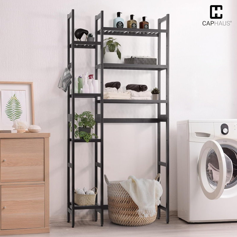 31-Inch Adjustable Bamboo Over The Toilet Storage with Hooks & Side Shelves, Multiple Options, Black