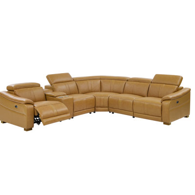 Leather Match Sectional With Recliner, Adjustable , Storage Console And Cup Holders, 5 - Seat Faux Genuine Leather, Ginger Toned, 113.66 In Product Width, Depth, 32.33 Height, 422.41 Lb Weight Shaded,