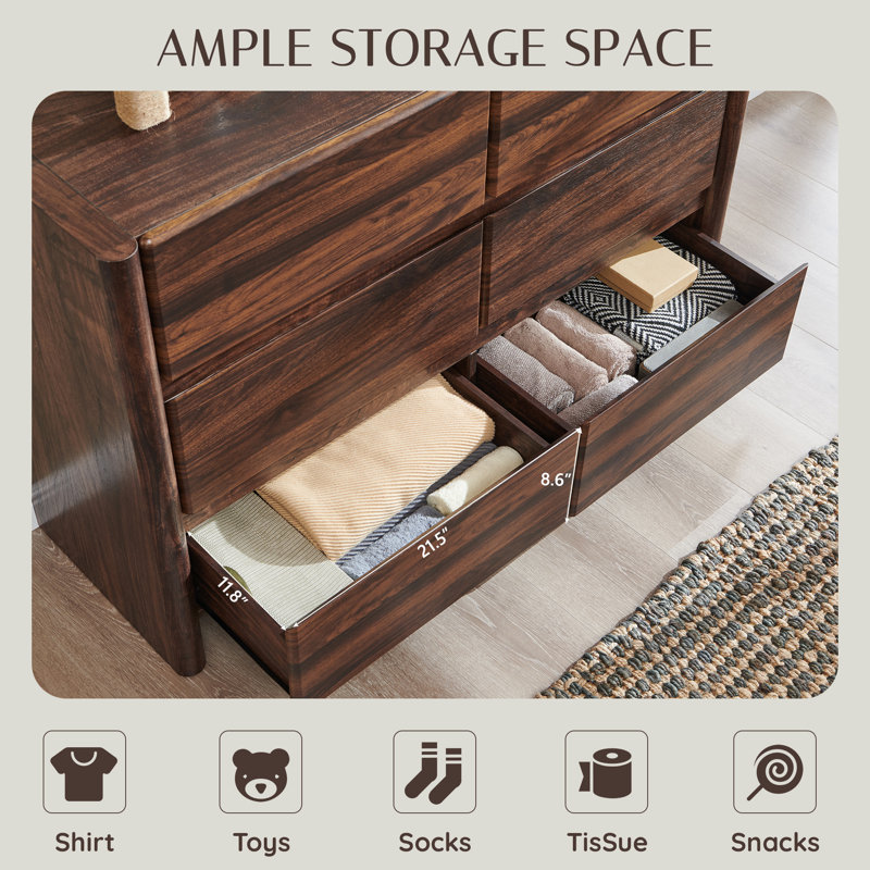 Bolanos Modern 6 Drawers Dresser for Bedroom, 47" Wide Wood Dressers & Chests of Drawers, Wood Night Stand w/Rounded Corner Design for Bedroom
