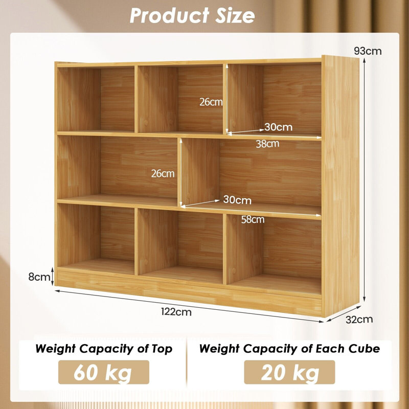 Wood Storage Cube Bookcase 3 Tier 8 Cube Open Shelf Storage Cabinet, Brown