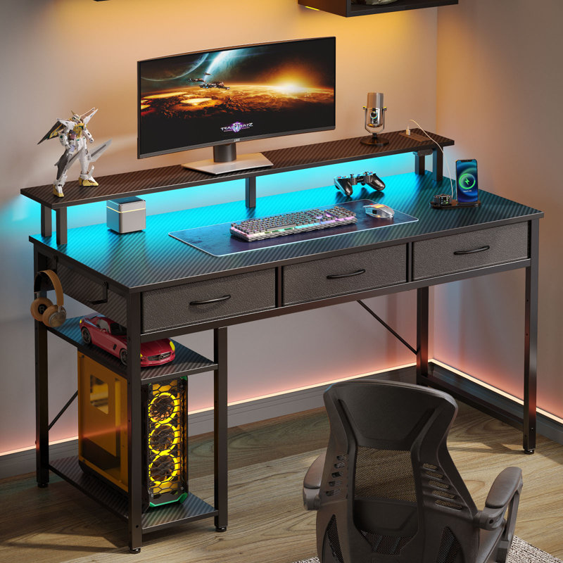 Rectangle Computer Desk with Shelves, Office Desk with Power Outlets & RGB LED Lights, Black, 30.5" H x 39.4" W x 18.9" D