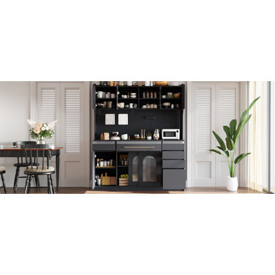 Freestanding 63'' W Buffet With Hutch, Large Coffee Bar Storage Cabinet With 6 Drawers, 5 Cabinets With Adjustable Shelves,Pegboard,Towel Rack, Power Outlet