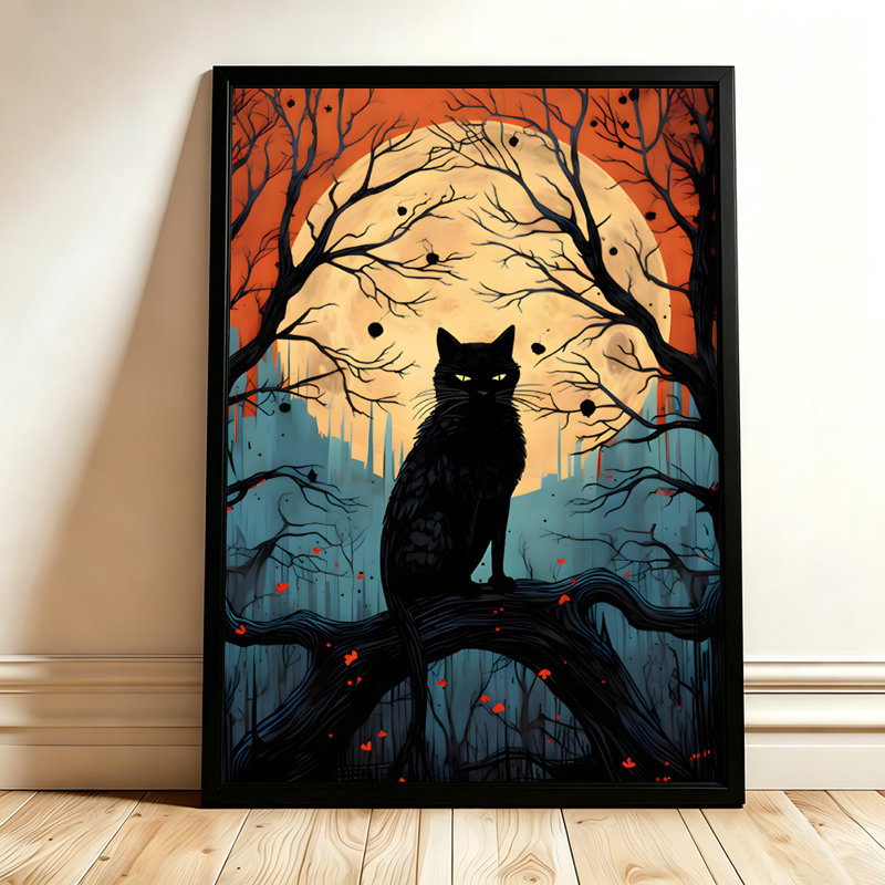 Chat noir d'Halloween aux yeux brillants dans une forêt orange, tableau sur toile encadré, cadre doré, 50 x 75 cm, 20x30
