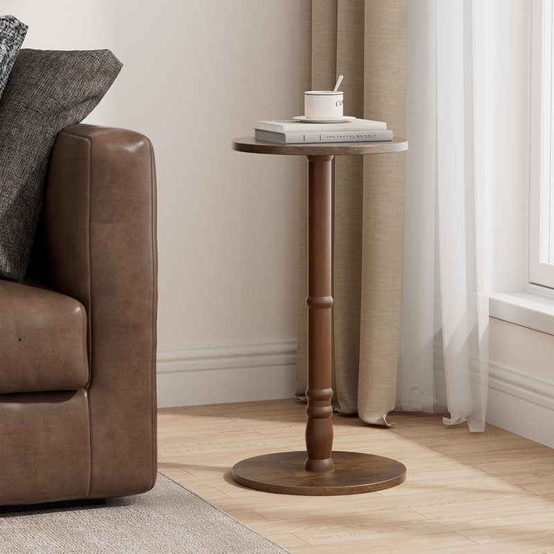 Table d'appoint ronde, pilier en bois massif avec plateau et base en bois, petite table d'appoint pour le salon, la chambre à coucher, le canapé et le bureau, assemblage facile, brun rustique