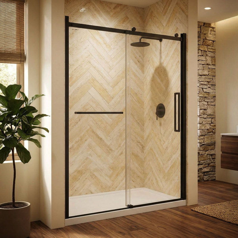 56-60"Wx76"H Sliding Glass Shower Door with 5/16" Clear Tempered Glass, Matte Black Hardware, Satin Black