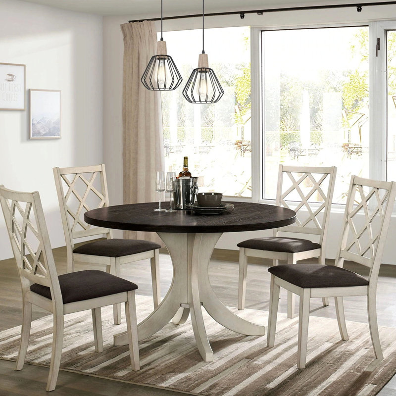 Chaises d'appoint en bois massif de style transitionnel, blanc antique avec siège gris et dossier croisé pour manger, motif coussin