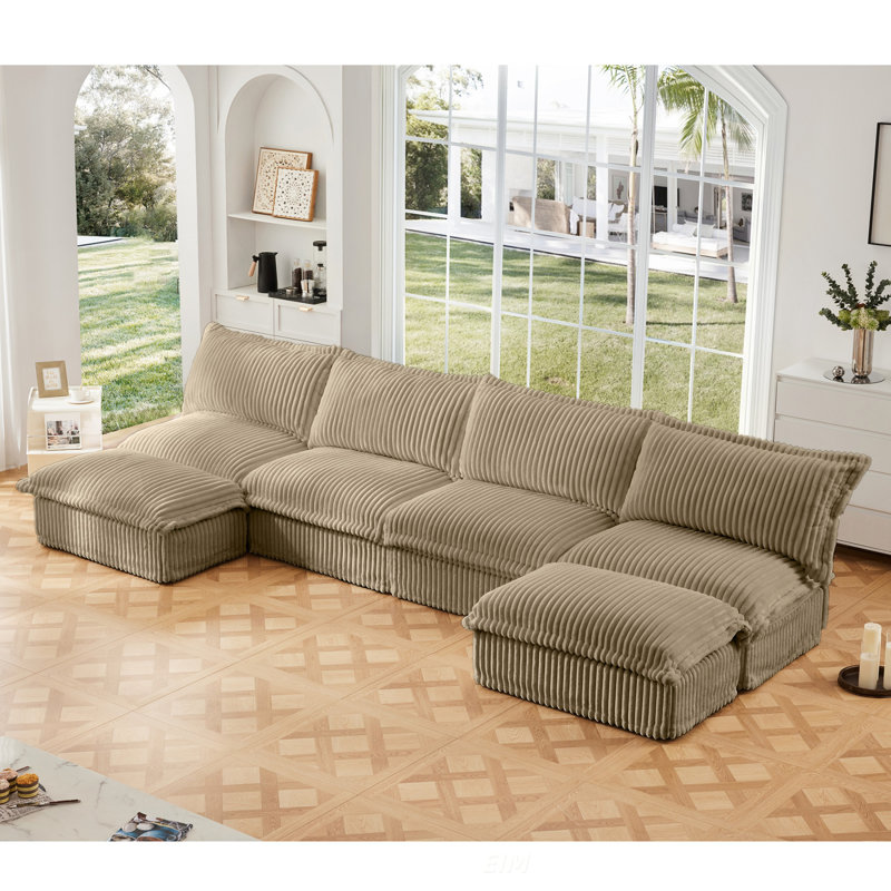 Upholstered U-Shaped with Ottoman Sectional, Camel Corduroy, 34.6" H x 120" W x 55" D