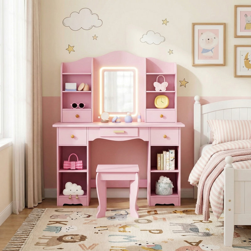 Kids Vanity With 3-color Led Lights, Vanity Set With Mirror And Stool, 2 In 1 Princess Pretend Play Makeup Dressing Table With Open Shelves, Storage Cabinet, Drawer (pink)
