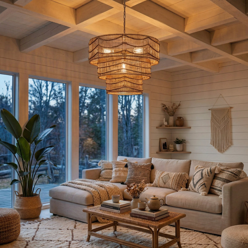 4-light Natural Rattan Tiered Pendant Light