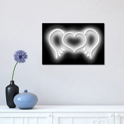 Neon Heart Wings Whiteon Black by Hailey Carr - Wrapped Canvas Print