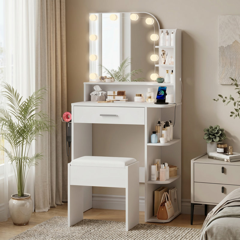 Jaseria Makeup Vanity Set with LED Lighted Mirror & Power Outlet for Bedroom, White