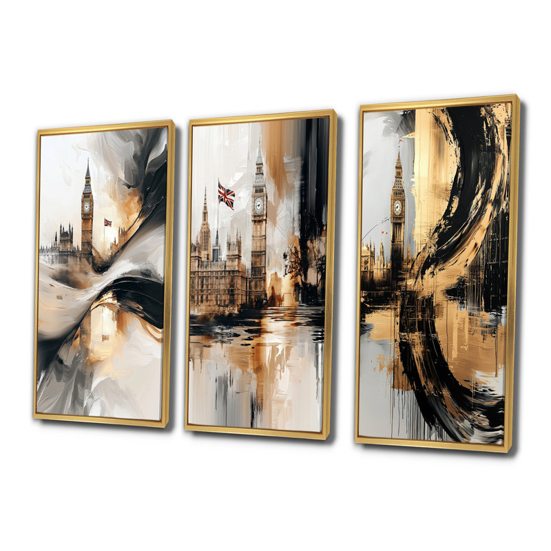 Big Ben Glow In England I - Collection d'art mural Angleterre, H 40 po x l 60 po, Impression encadrée flottante, Or