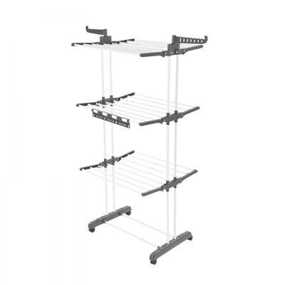 Séchoir à linge, séchoir à linge pliable à 4 niveaux, supports de séchage en métal avec 24 tiges de séchage, support autoportant et portable avec 4 roulettes et deux ailes latérales pour une utilisation extérieure et intérieure