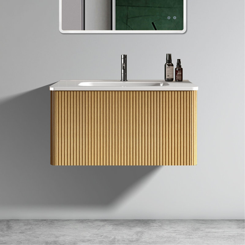 Meuble-lavabo de 30 po - Aspect chêne rayé naturel avec lavabo en céramique blanc et bords arrondis flottants