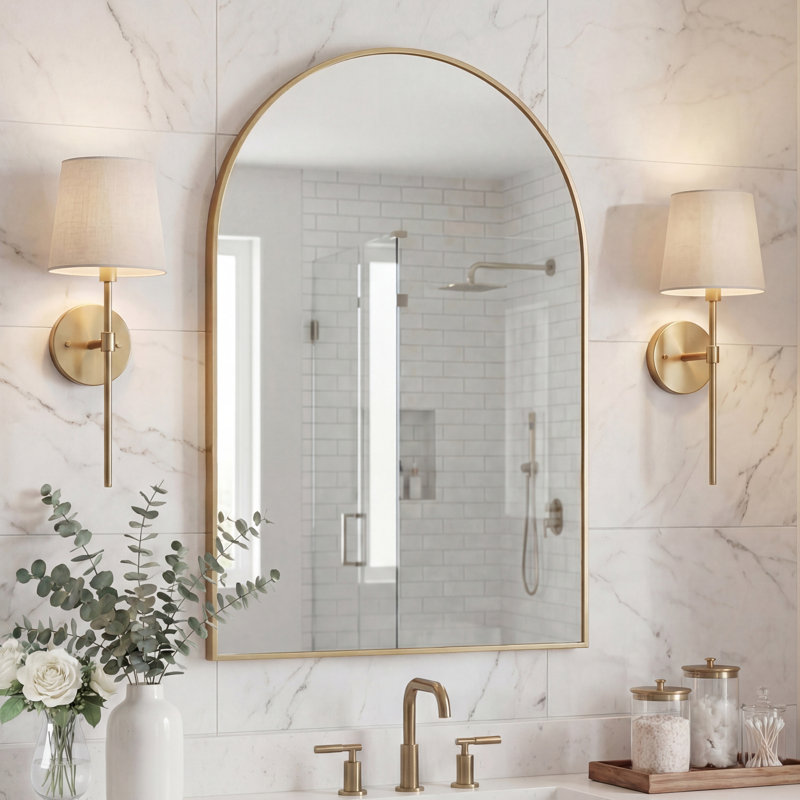 Miroir d'appoint de salle de bain mural moyen en métal arqué l 24 po x H 36 po Elodie, Doré, 36 po x 24 po