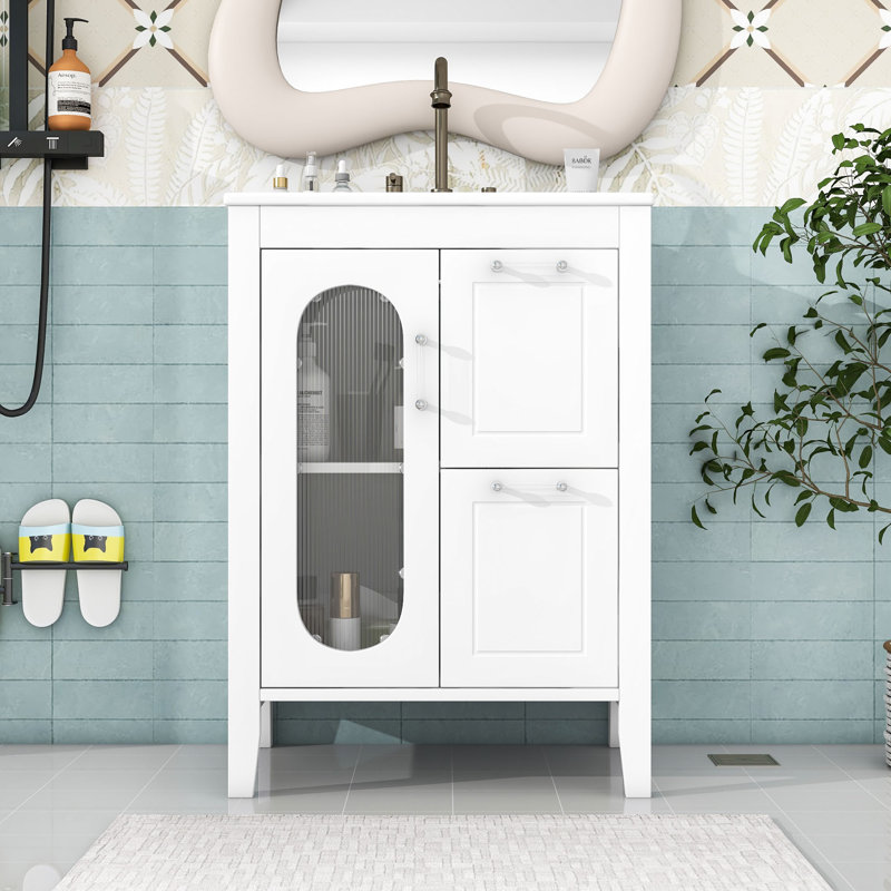 Meuble-lavabo simple autoportant contemporain avec porte en verre Moru et tablette réglable, Blanc