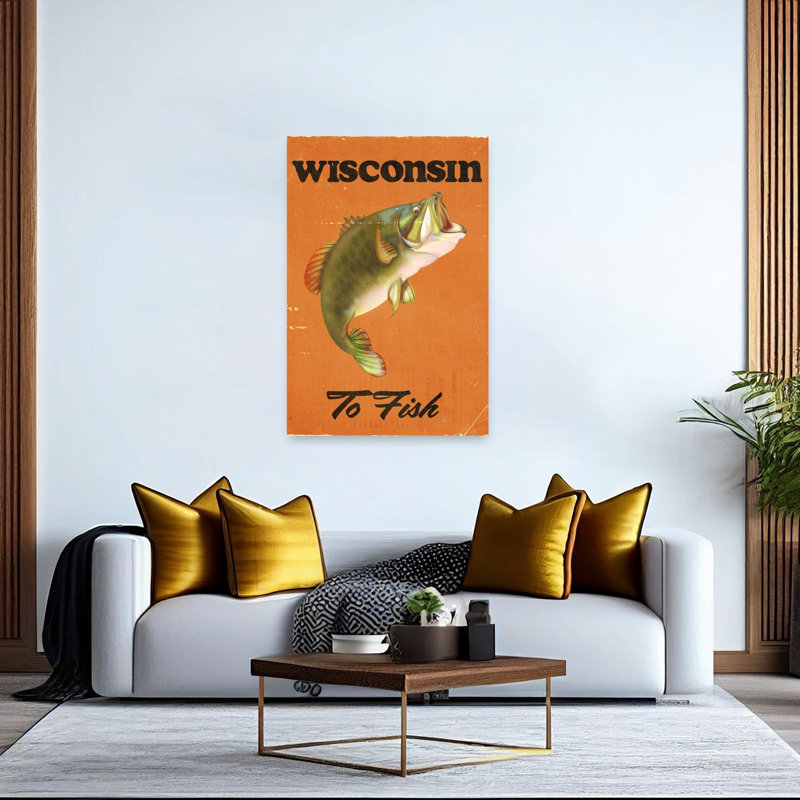 Wisconsin Bass Fishing Retro Vintage Fish Nature Wildlife Wall Art Print by Nicholas - Wrapped Canvas Print