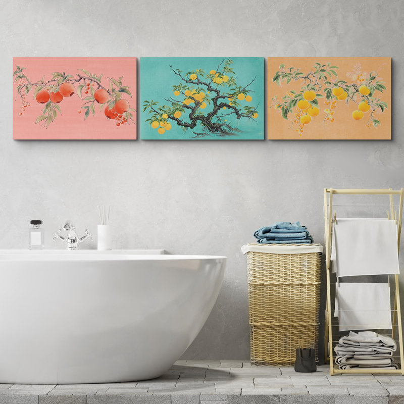 "Élégantes illustrations de fruits botaniques rose pastel, pêche, rose et jaune" - 3 pièces, H 16 po x l 24 po, Toile tendue