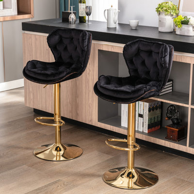 Two Bar Stools, Footrest & Base, Swivel And Height Adjustable Via Mechanical Lifting, Velvet + Golden Leg Of 2 Lifting For Change, Style