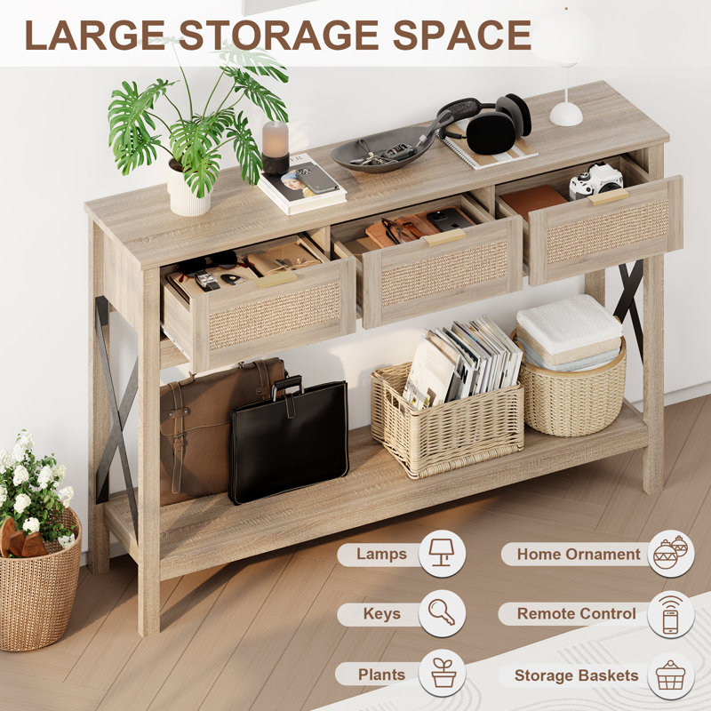 Natural Wood Console Table with Sisal Drawers and Open Shelf