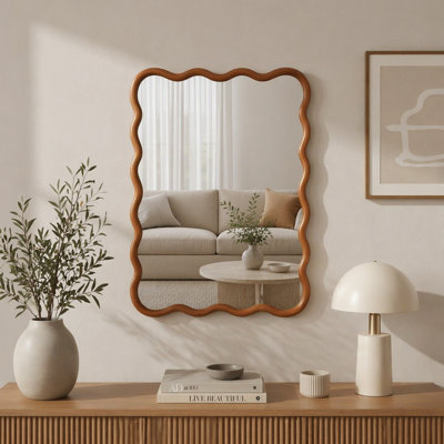Miroir décoratif rectangulaire en bois massif ondulé pour chambre à coucher, salle de bain, salon, vestibule