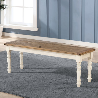 Banc de salle à manger deux tons pour l'intérieur. Blanc antique et chêne vieilli. Bois d'hévéa massif. L 52 po x H 18 po x P 15 po. Assemblage requis en bois. P 15 po x H 18 po.