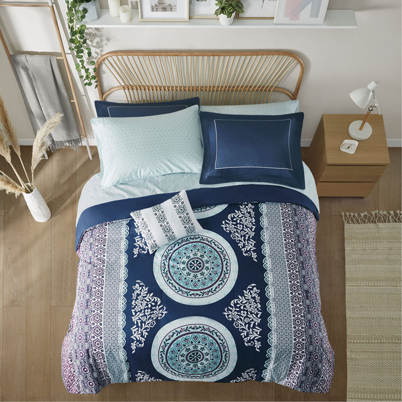 Ensemble d'édredon pour grand lit avec draps, Grand édredon et 8 pièces supplémentaires, Bleu marine / abstrait