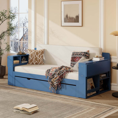 Lit de jour avec bureau amovible, tiroirs de rangement et table d'appoint hydraulique