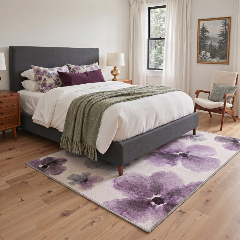 Tapis ivoire / mauve lavable à la machine avec envers antidérapant, Rectangle 5' x 7'