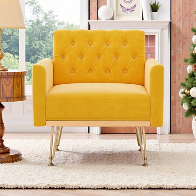Velvet Tufted Reading Armchair with Gold Metal Legs Wide Seat and Comfortable Backrest