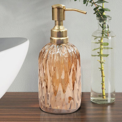 Amber Textured Glass Liquid Soap Dispenser, Antique Brass Pump Countertop Bottle, Lotion Hand Sanitizer Dispenser for Bathroom Vanity & Kitchen Sink