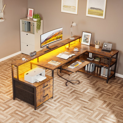 Sholpan L-Shaped Steel Computer Desk with Built-In Electrical Outlet