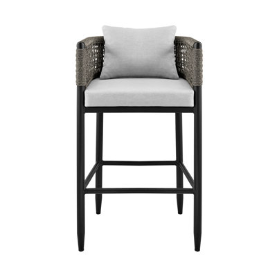 Karan Outdoor Patio Bar Stool In Aluminum With Gray Rope And Cushions - Set Of 3