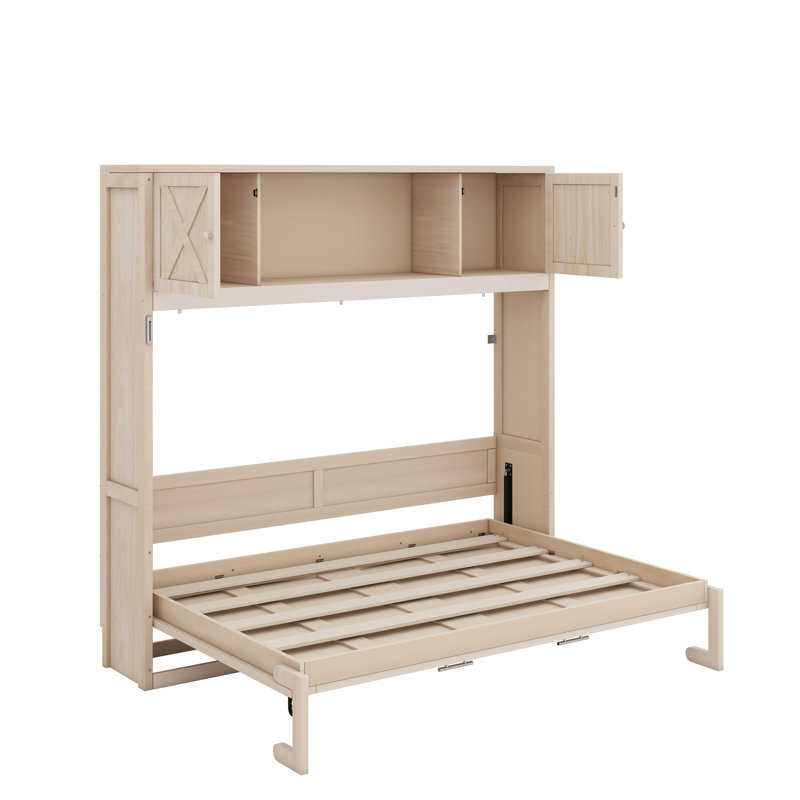 Grand lit escamotable avec armoires de rangement, Beige