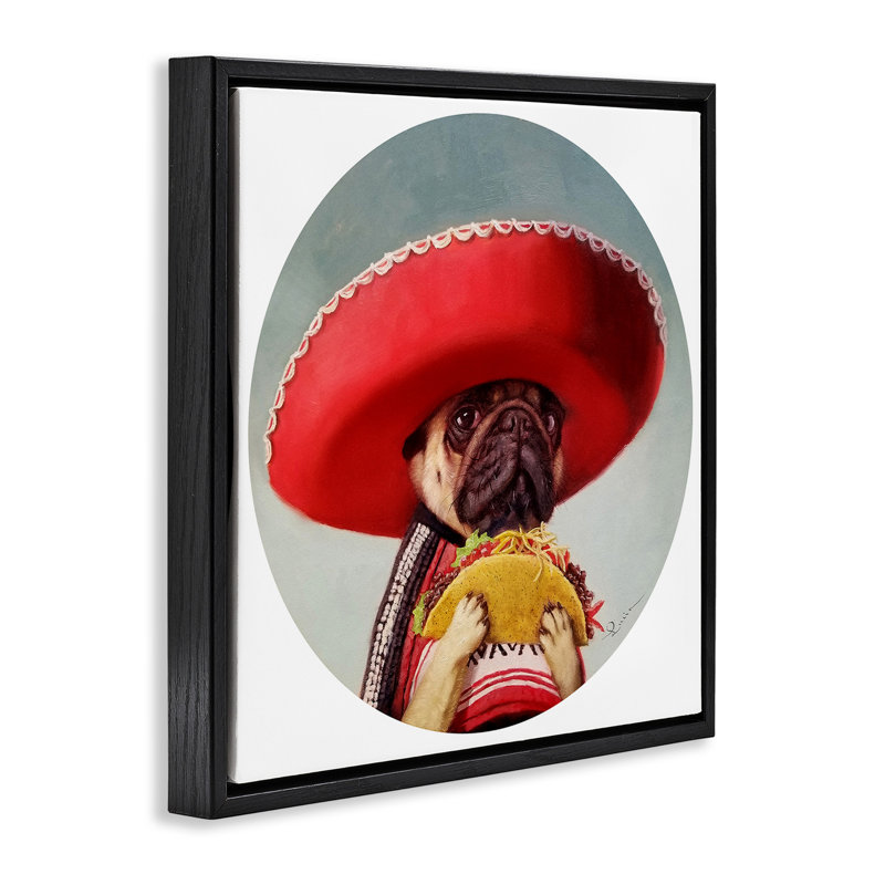 «Pug in Sombrero» par Lucia Heffernan, Cadre flottant noir de jais, H 25 po x l 25 po