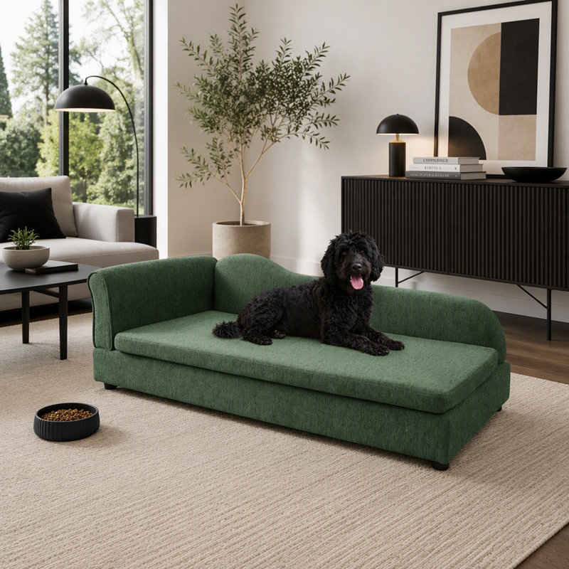 Canapé pour animaux de compagnie avec dossier, accoudoirs et coussin, Vert olive