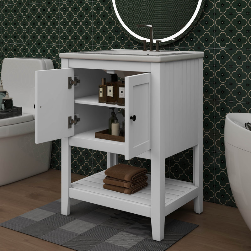 Meuble-lavabo moderne 24 po avec lavabo en céramique élégant et tablette ouverte, Blanc