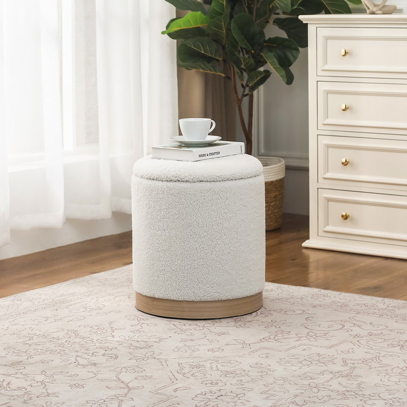 Teddy Fleece Round Ottoman With Stroage, Light Wood