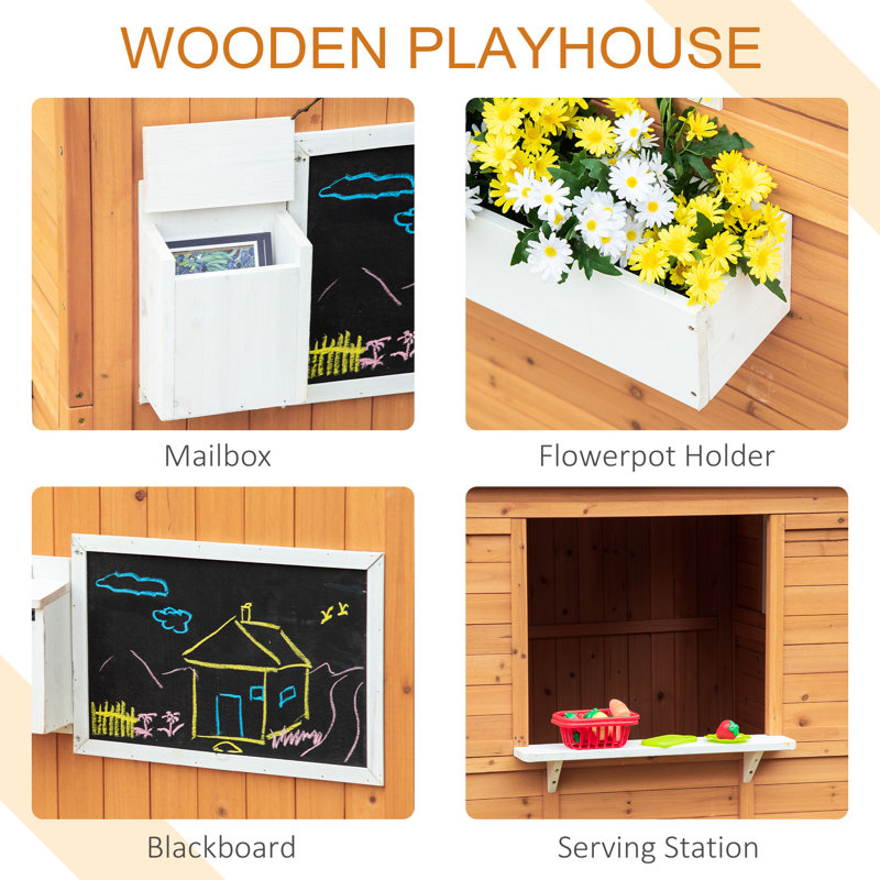 Outsunny Wooden Kids Playhouse with Bench and Flower Pot Holder
