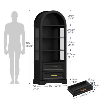 Arched Bookshelf with Lights and 2 Drawers