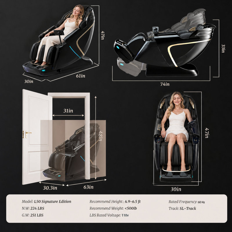 Fauteuil de massage complet YJ-L50 YITOUCH L50 Ebern Designs en similicuir noir, fauteuil de massage Shiatsu chauffant 5D sans gravité avec rail SL, 52 coussins d'air, chargement sans fil et rouleau de massage pour les pieds