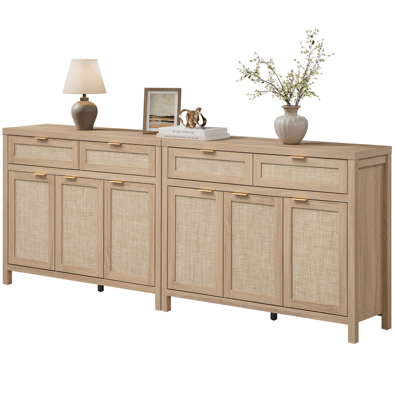 43.39'' W 2-Drawer And 3-Door Rattan Sideboard With Adjustable Shelves, Light Oak